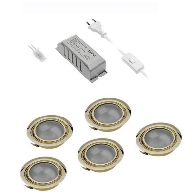  Комплект из 5-ти галогенных светильников WP-5 золото 5*20W, G4, IP 20 матовое стекло, 5 ламп, с блоком питания 220/12V и сетевым шнуром 2м