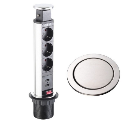  Удлинитель выдвижной ELITE 3 розетки (Schucko) серый с проводом, 2xUSB 2,1A 5V, крышка ИНОКС