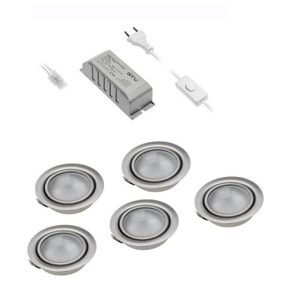  Комплект из 5-ти галогенных светильников WP-5 инокс 5*20W, G4, IP 20 матовое стекло, 5 ламп, с блоком питания 220/12V и сетевым шнуром 2м