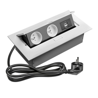  Удлинитель прямоугольный врезной 2 розетки AE-PBU2GU-10 (French) 2xUSB, белый, с проводом 1,5 метра