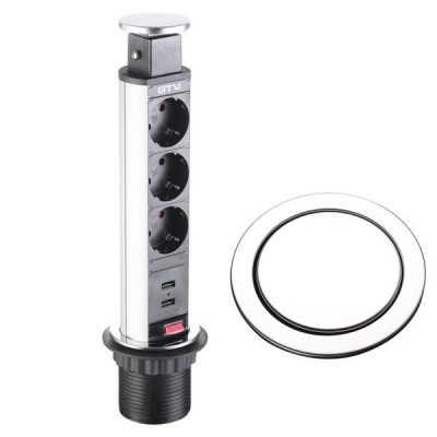  Удлинитель выдвижной ELITE 3 розетки (Schucko) серый с проводом, 2xUSB 2,1A 5V, крышка ХРОМ