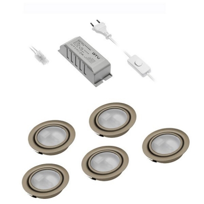  Комплект из 5-ти галогенных светильников WP-5 сатин 5*20W, G4, IP 20 матовое стекло, 5 ламп, с блоком питания 220/12V и сетевым шнуром 2м