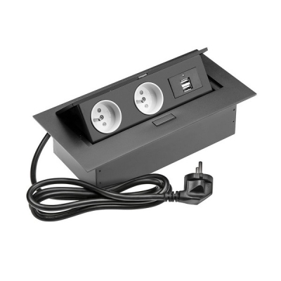  Удлинитель прямоугольный врезной 2 розетки AE-PBU2GU-20 (French) 2xUSB, черный, с проводом 1,5 метра