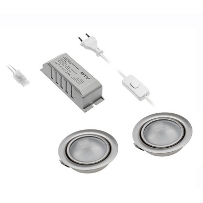  Комплект из 2-х галогенных светильников инокс WP-2 инокс 2*20W, G4, IP 20 матовое стекло, 2 лампы, с блоком питания 220/12V и сетевым шнуром 2м