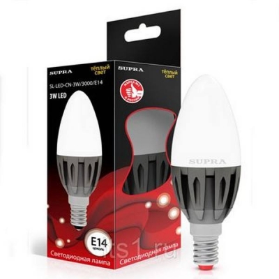  Лампа светодиодная 3W, 3000K, E14, 220V, 270Lm, 40 000 часов, свеча, теплый белый