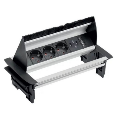  Удлинитель настольный 3 розетки AE-PBC3GS2U-53BKS (Schucko) 2xUSB без нижнего корпуса, с щёткой, алюминий, с проводом 1,5 метра