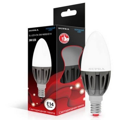  Лампа светодиодная 3W, 4000K, E14, 220V, 270Lm, 40 000 часов, свеча, нейтральный белый