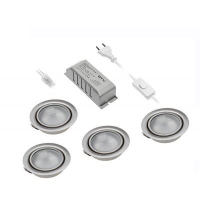  Комплект из 3+1 галогенных светильников WP инокс 3+1*20W, G4, IP 20 матовое стекло, 4 лампы, с блоком питания 220/12V и сетевым шнуром 2м