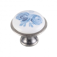 Ручка мебельная керамика кнопка GP-0728-J4-A (синяя роза) античное серебро