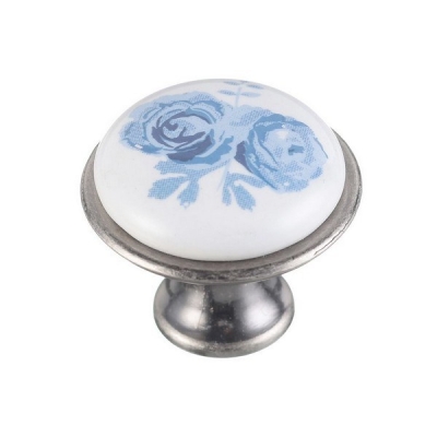  Ручка мебельная керамика кнопка GP-0728-J4-A (синяя роза) античное серебро