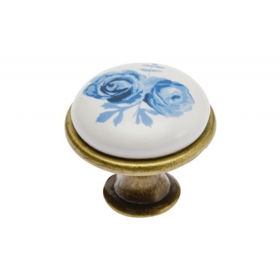  Ручка мебельная керамика кнопка GP-0728-J4-A (синяя роза) старое золото